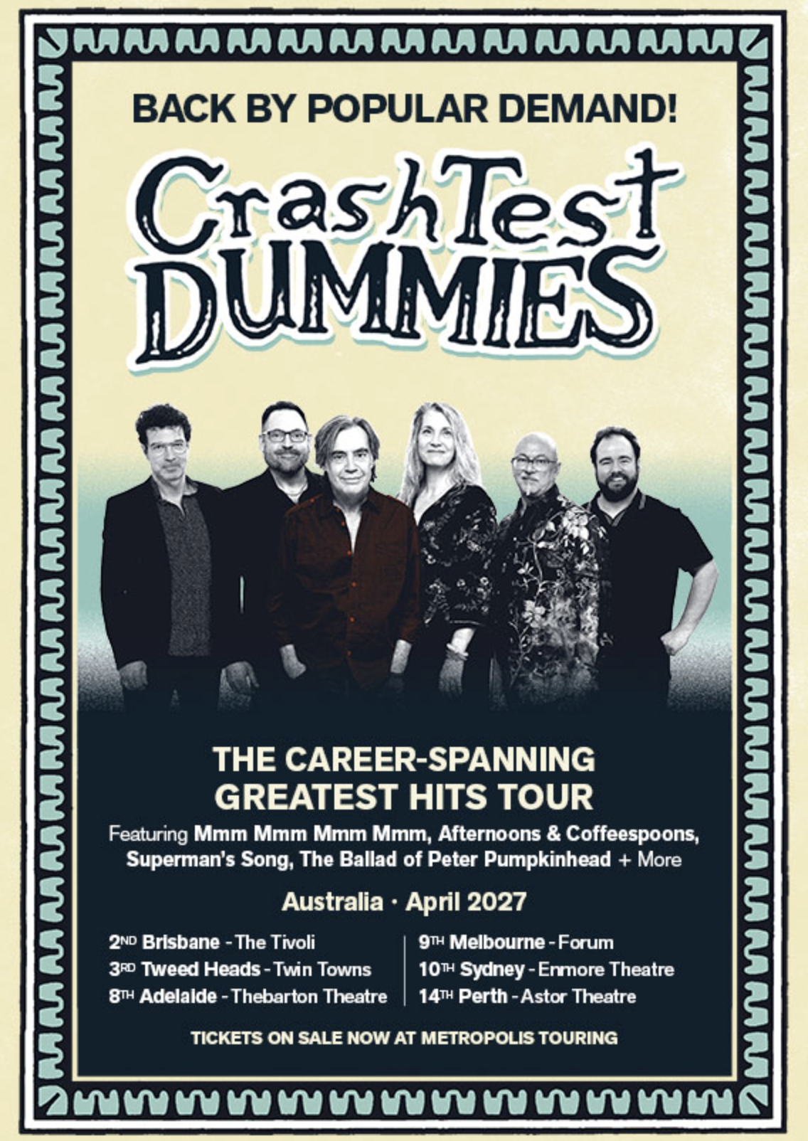 Tour poster for Crash Test Dummies Greatest Hits Australian Tour in April 2027, featuring a group photo and concert dates.
